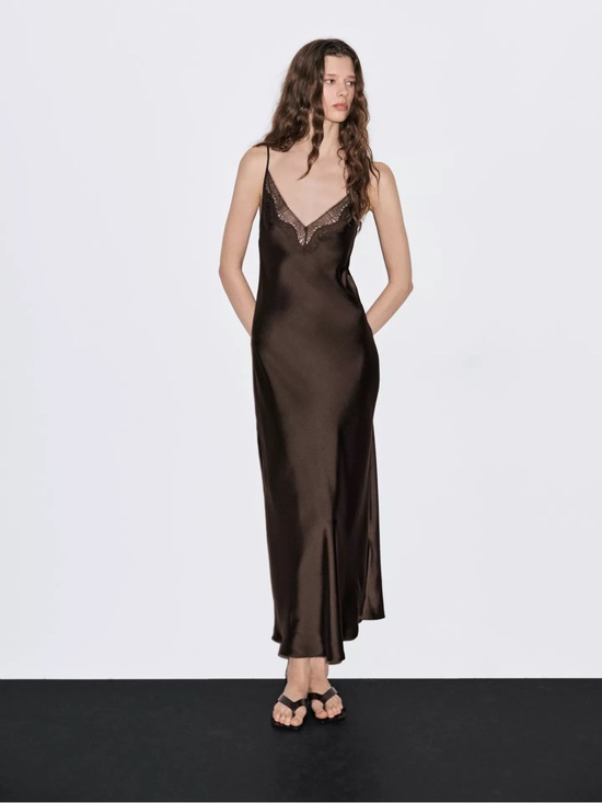 Massimo Dutti Other - Massimo Dutti Satin Lace-Trim Slip Dress in Dark Brown